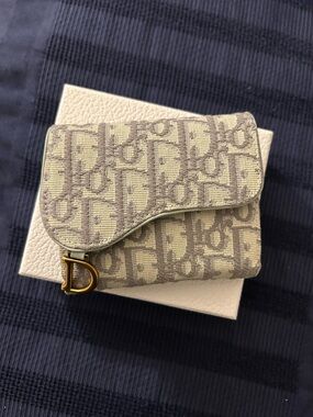 Dior Beige and Gray Monogram Canvas Saddle Wallet with Gold D Charm